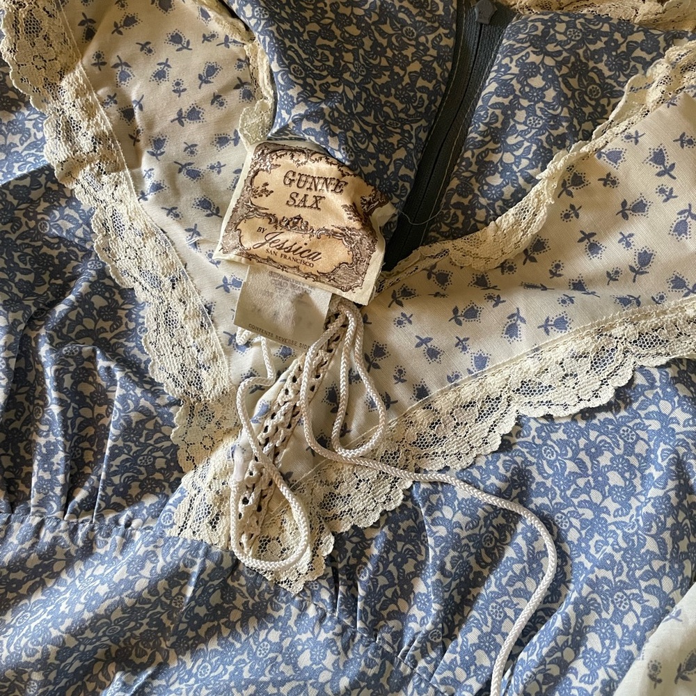 Gunne Sax Blue Floral Lace Trim floor length dress